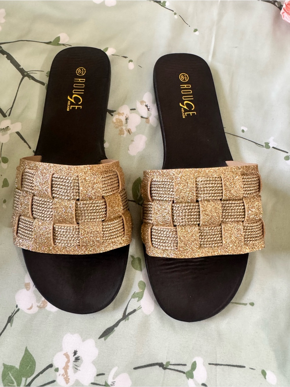 Rouge Helium Gold Woven Glitter Slide Sandals